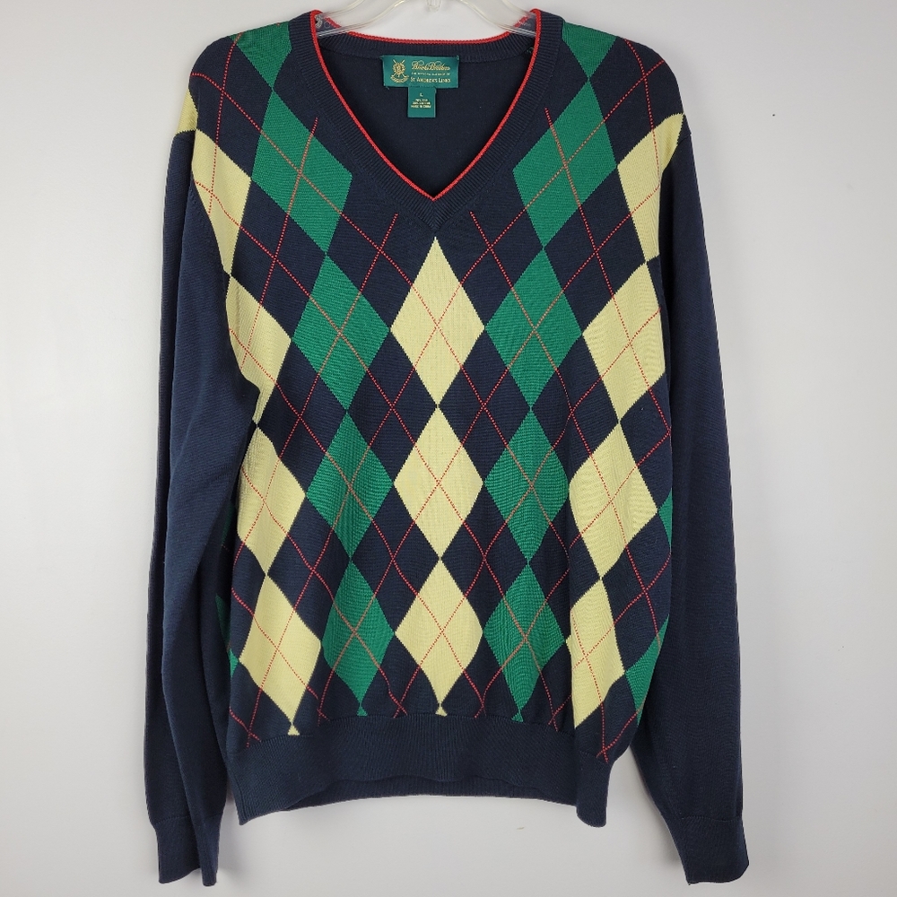 Brooks Brothers St Andrews Links Argyle V neck Golf Sweater L